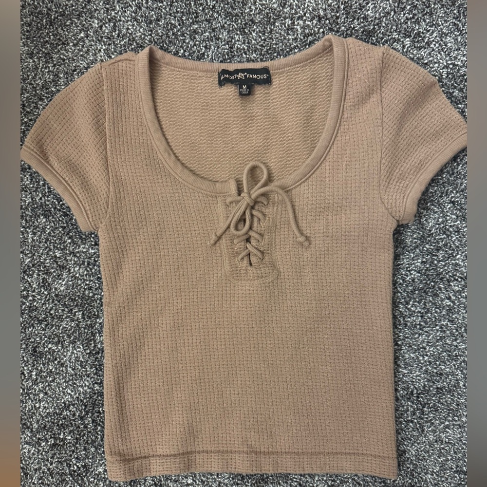 Almost Famous Brown Lace-Up Crop Top
